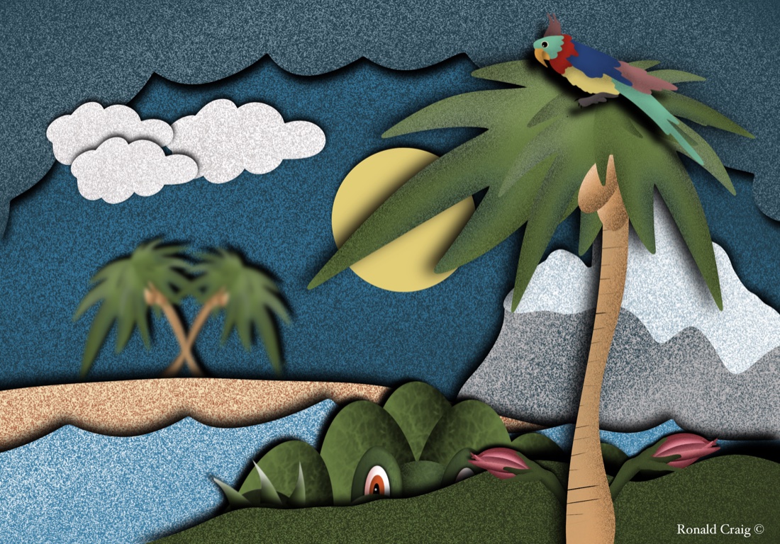 A parrot rests on the palms above the shore