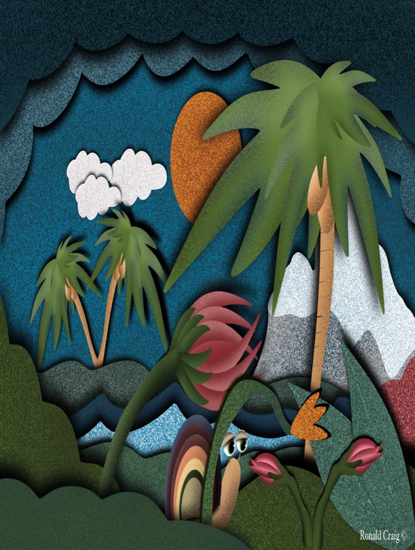 The tropical shore, palms and mountain under the sun