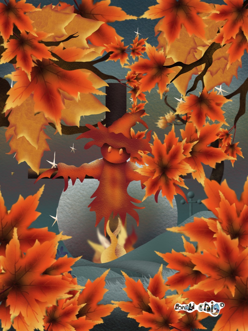 Burning of the Effigy — a fire spirit hidden among autumn leaves